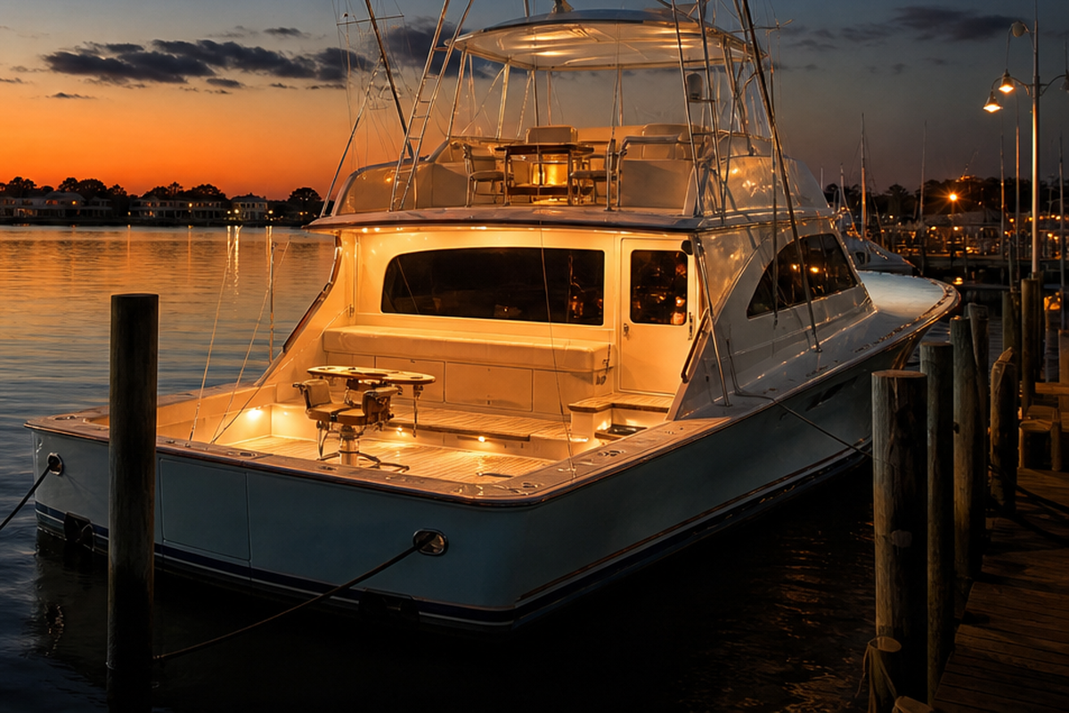 Cockpit of the yacht at dusk.