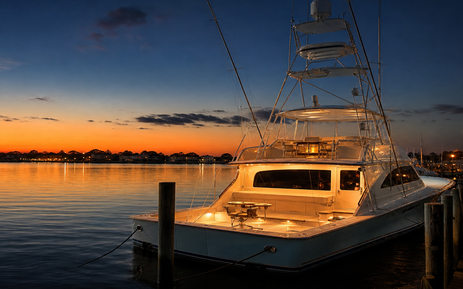 Twilight exterior of the sportfishing yacht.