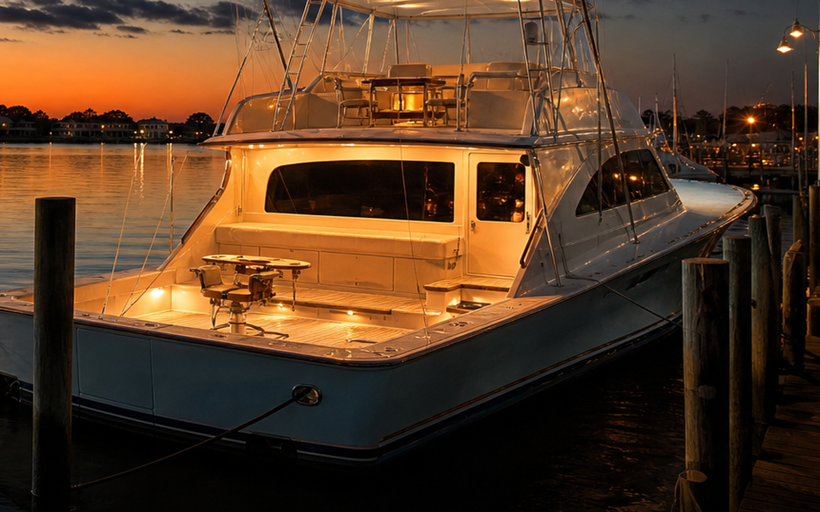 Warm-lit aft deck at dusk.