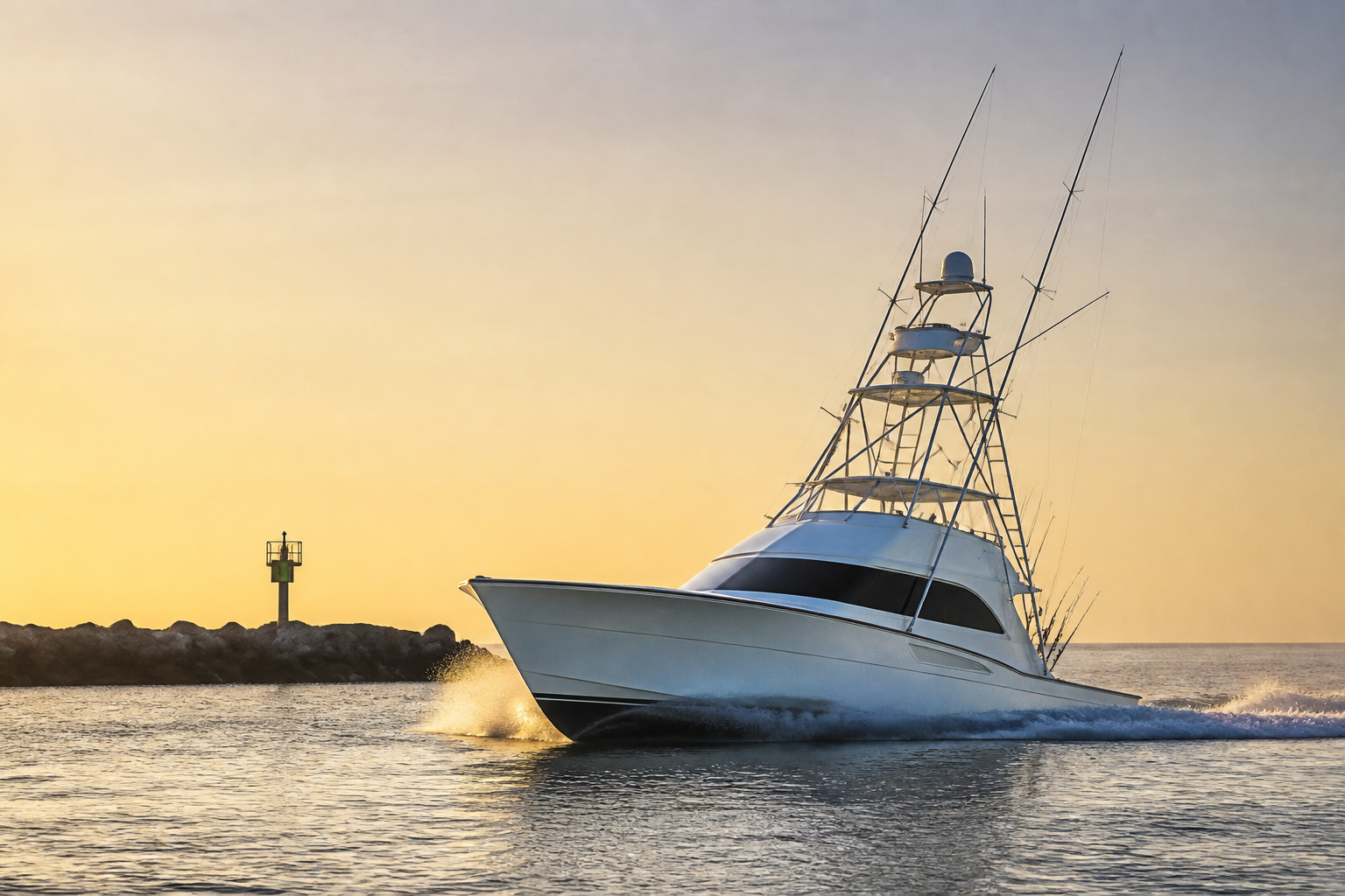 Yacht in warm first light.
