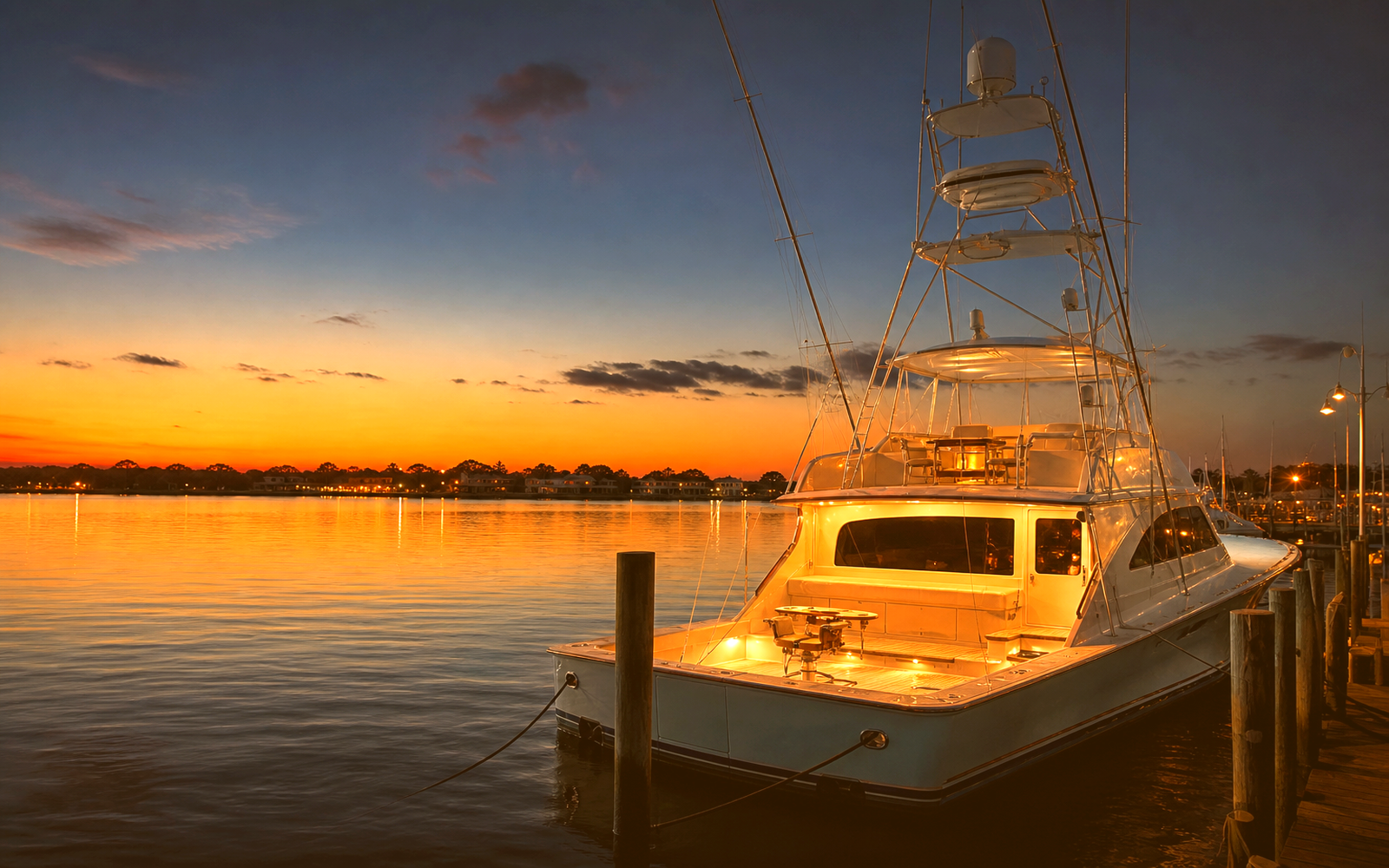 Yacht in warm first light.