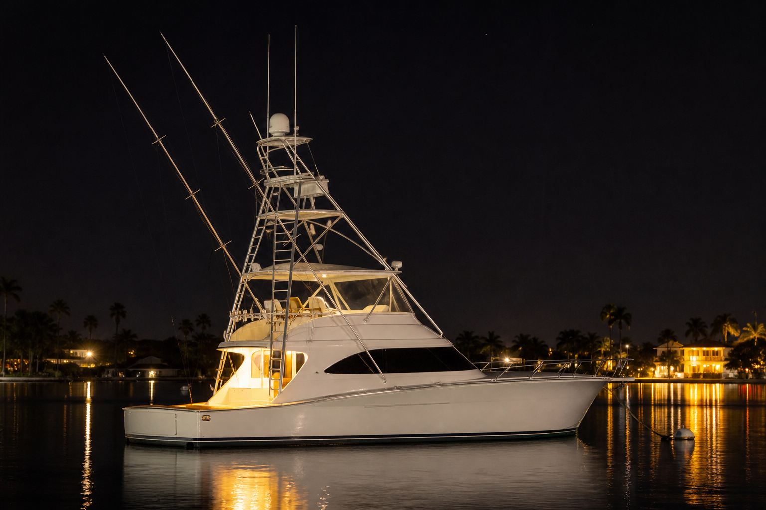The yacht lit from within on dark water.
