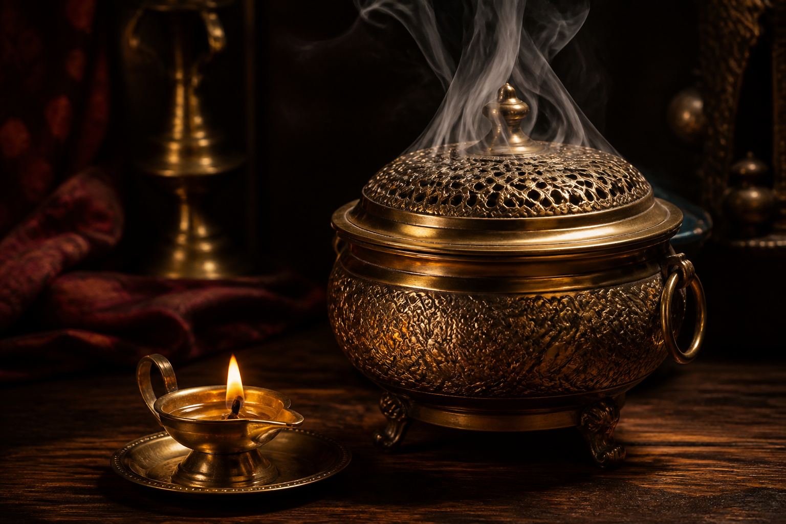 A metal incense burner at night.