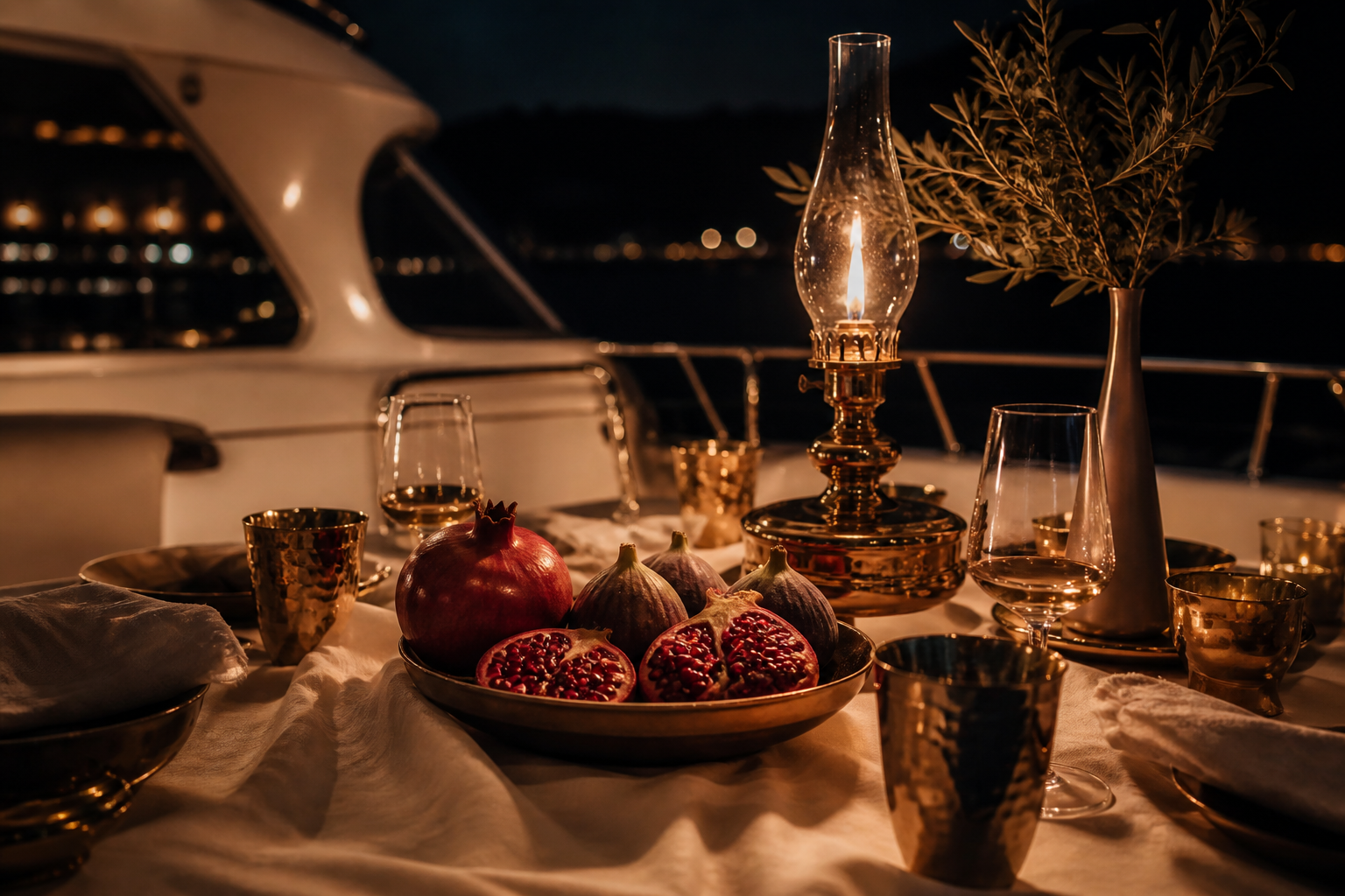 Gold dinnerware, fruit, and a lantern.