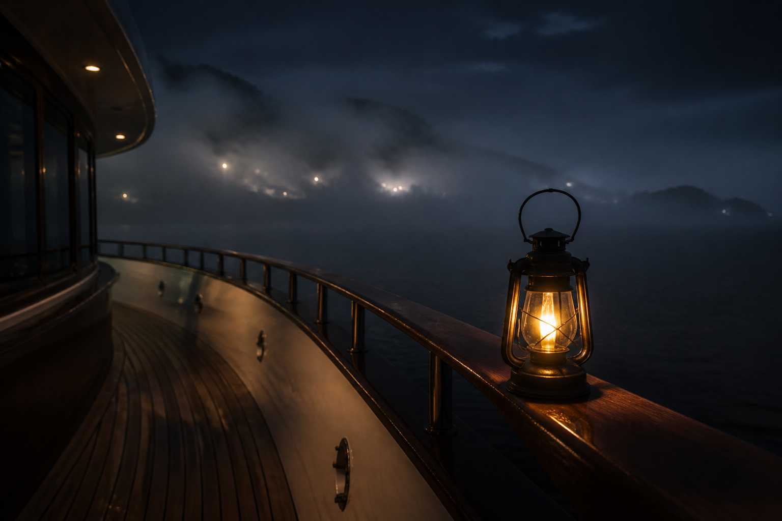 The yacht in thin sea fog.