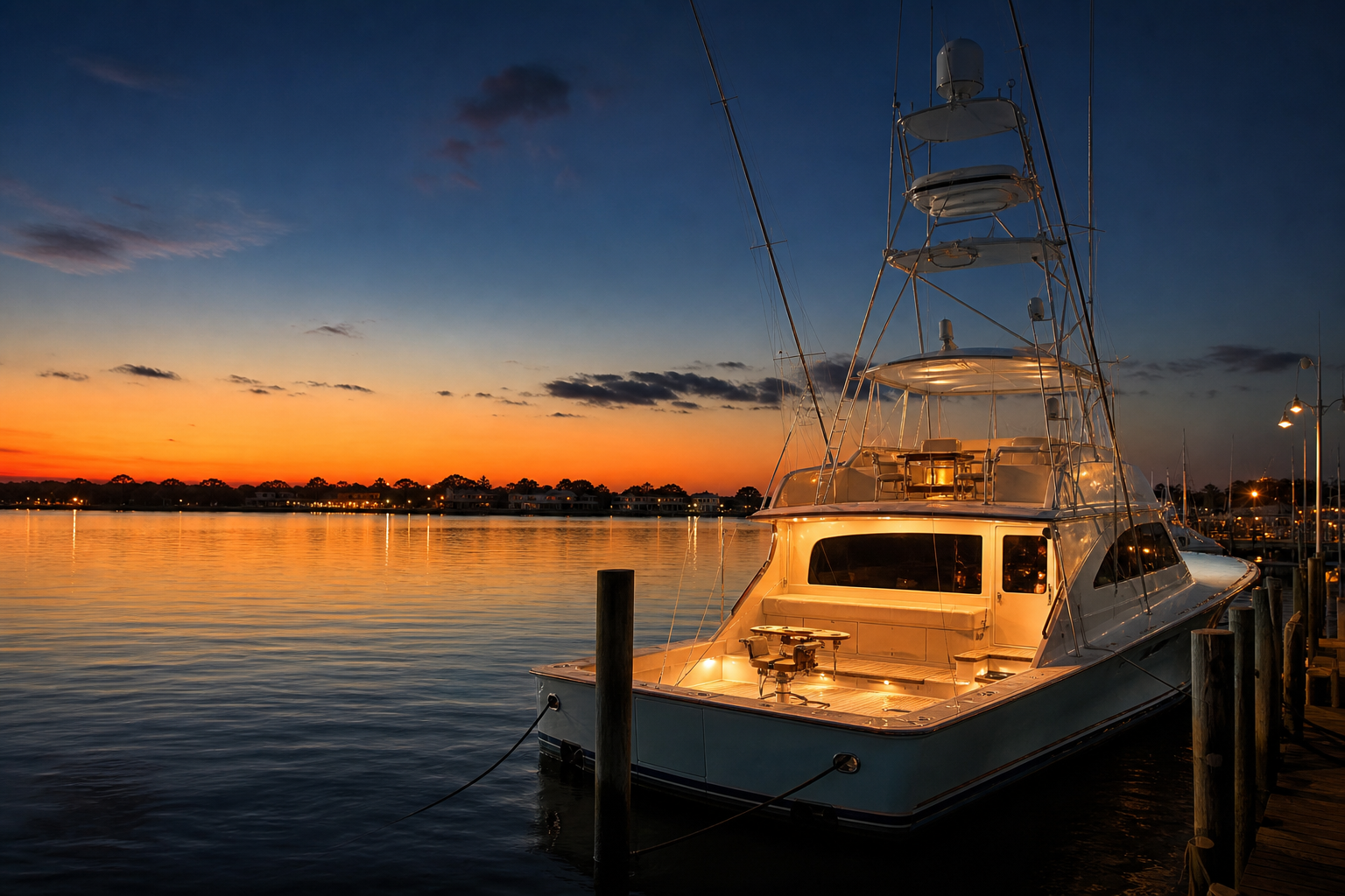 A twilight sportfishing yacht at a quiet marina. Concept rendering.