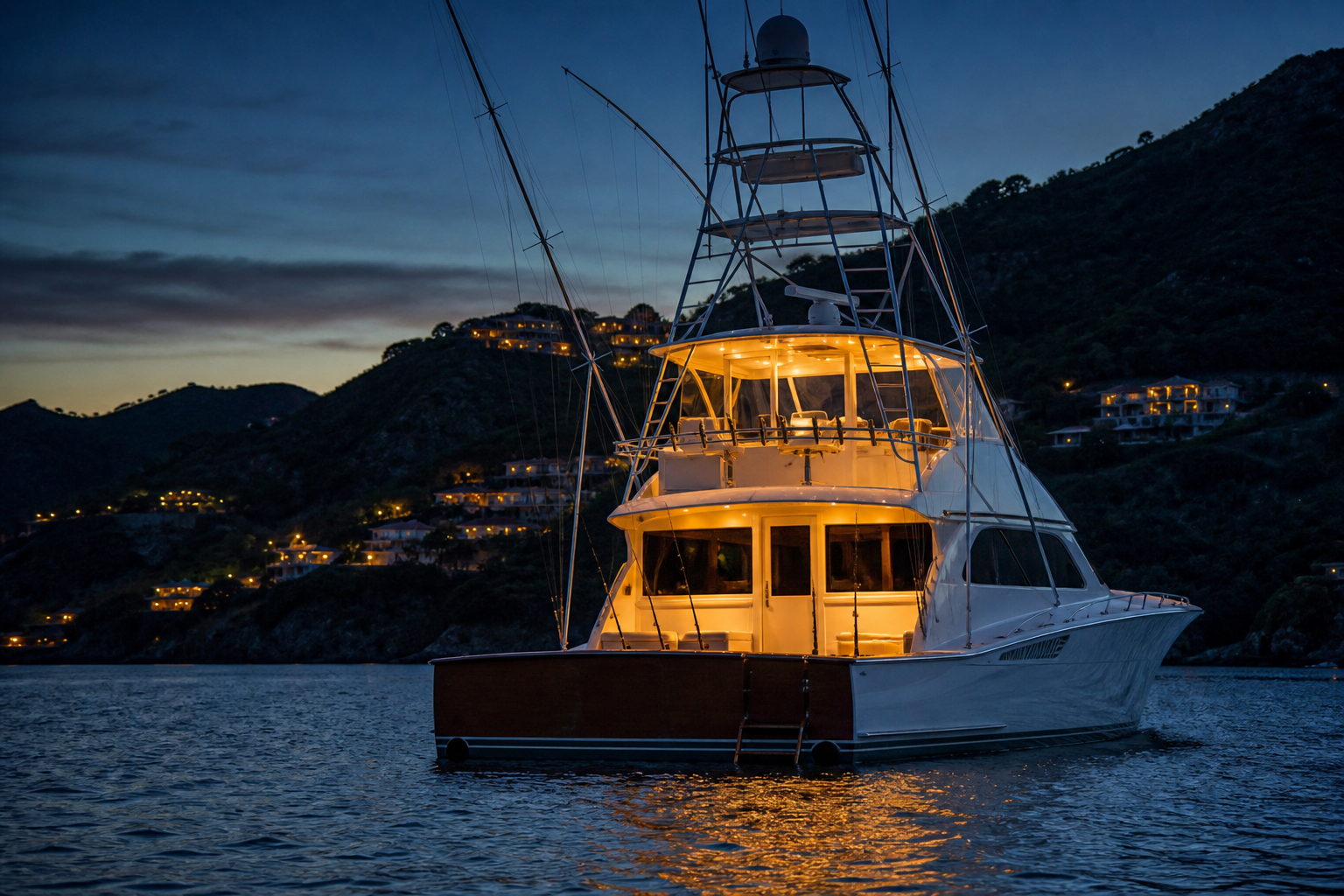 The yacht at night, cabin lights on the water. Concept rendering.