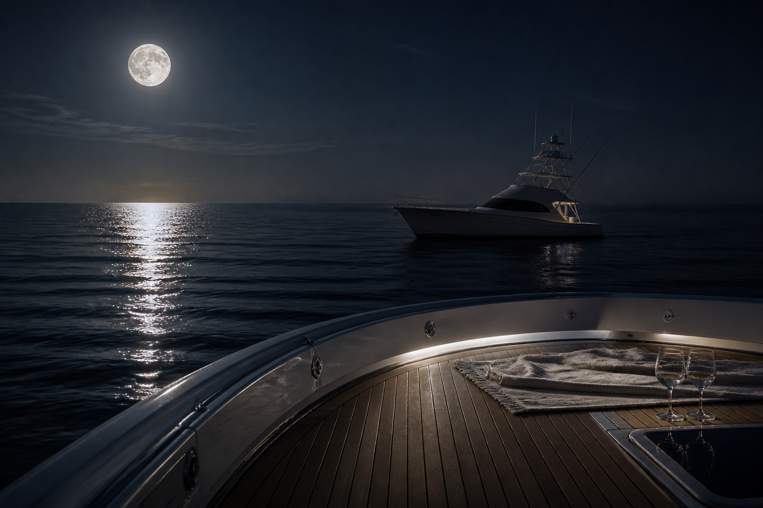 The yacht under a full moon.
