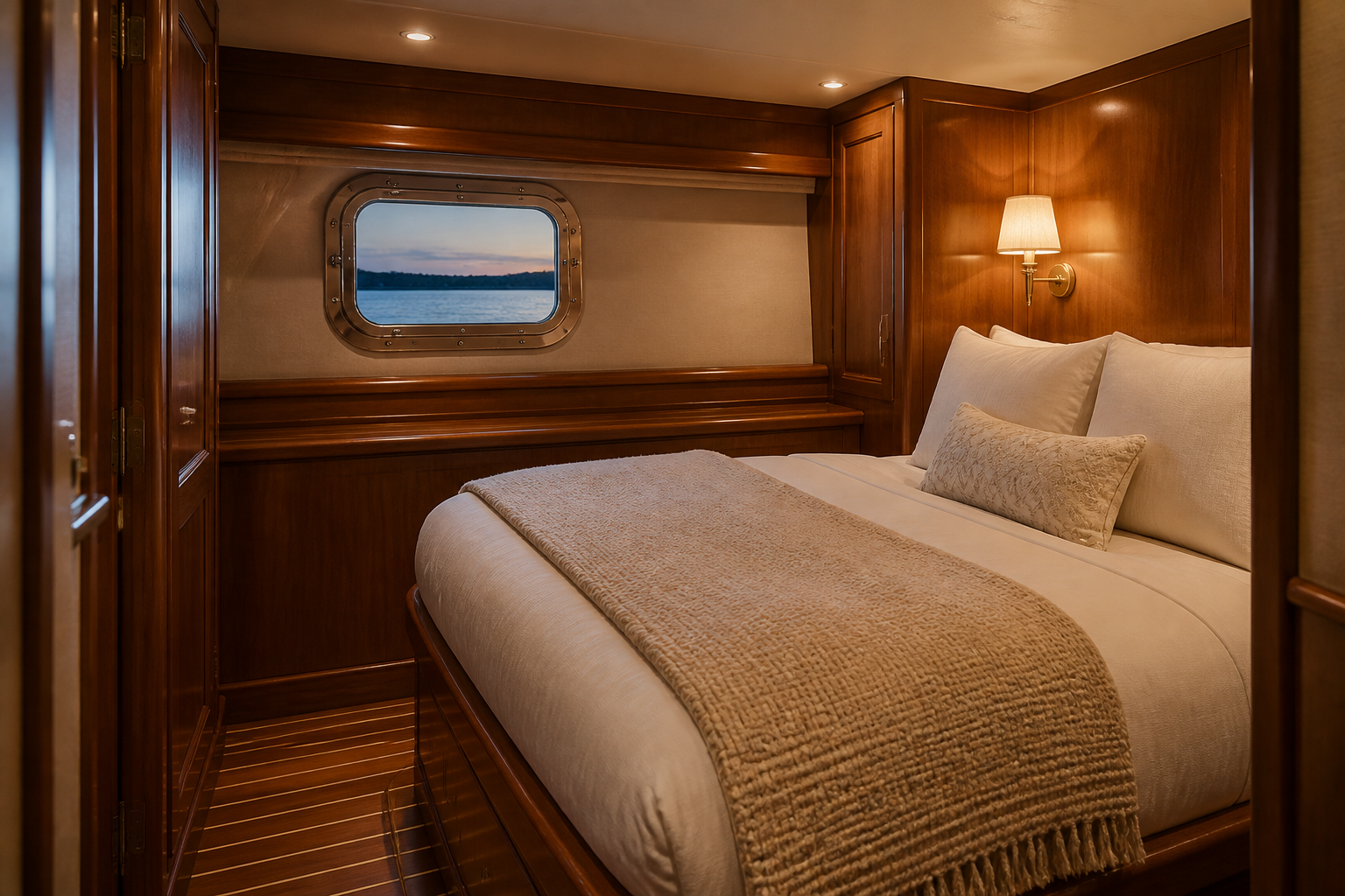 A private guest cabin with cream linen and a porthole. Concept rendering.