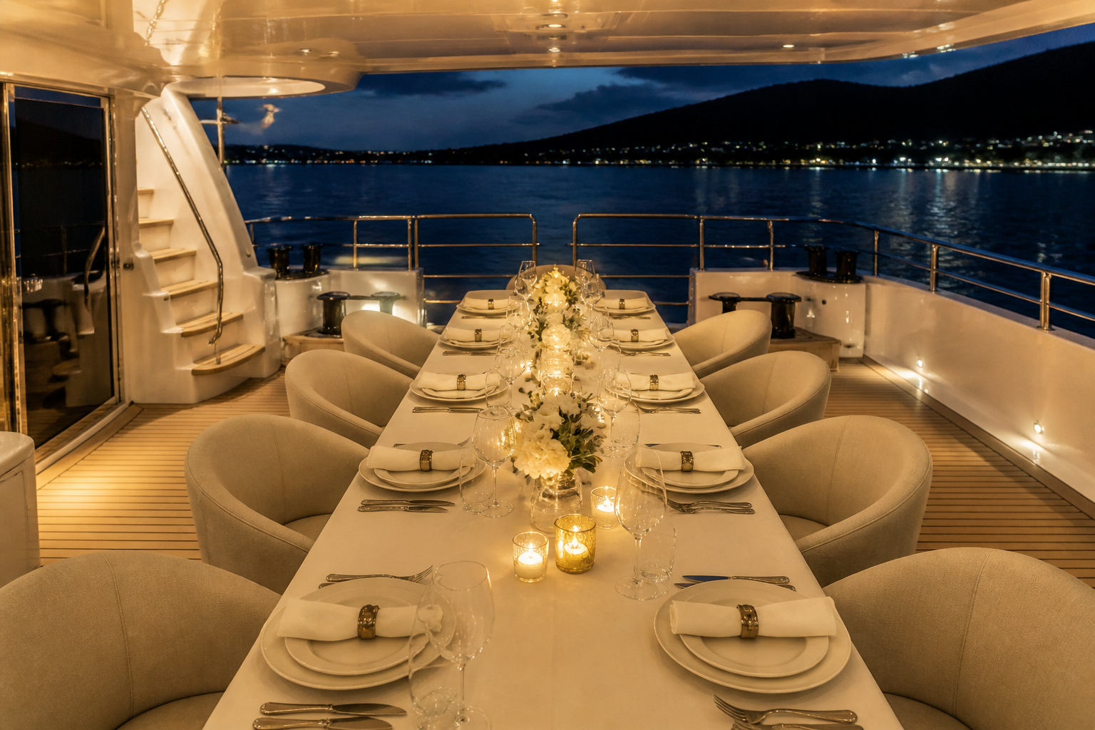 Twilight yacht, warm deck light.